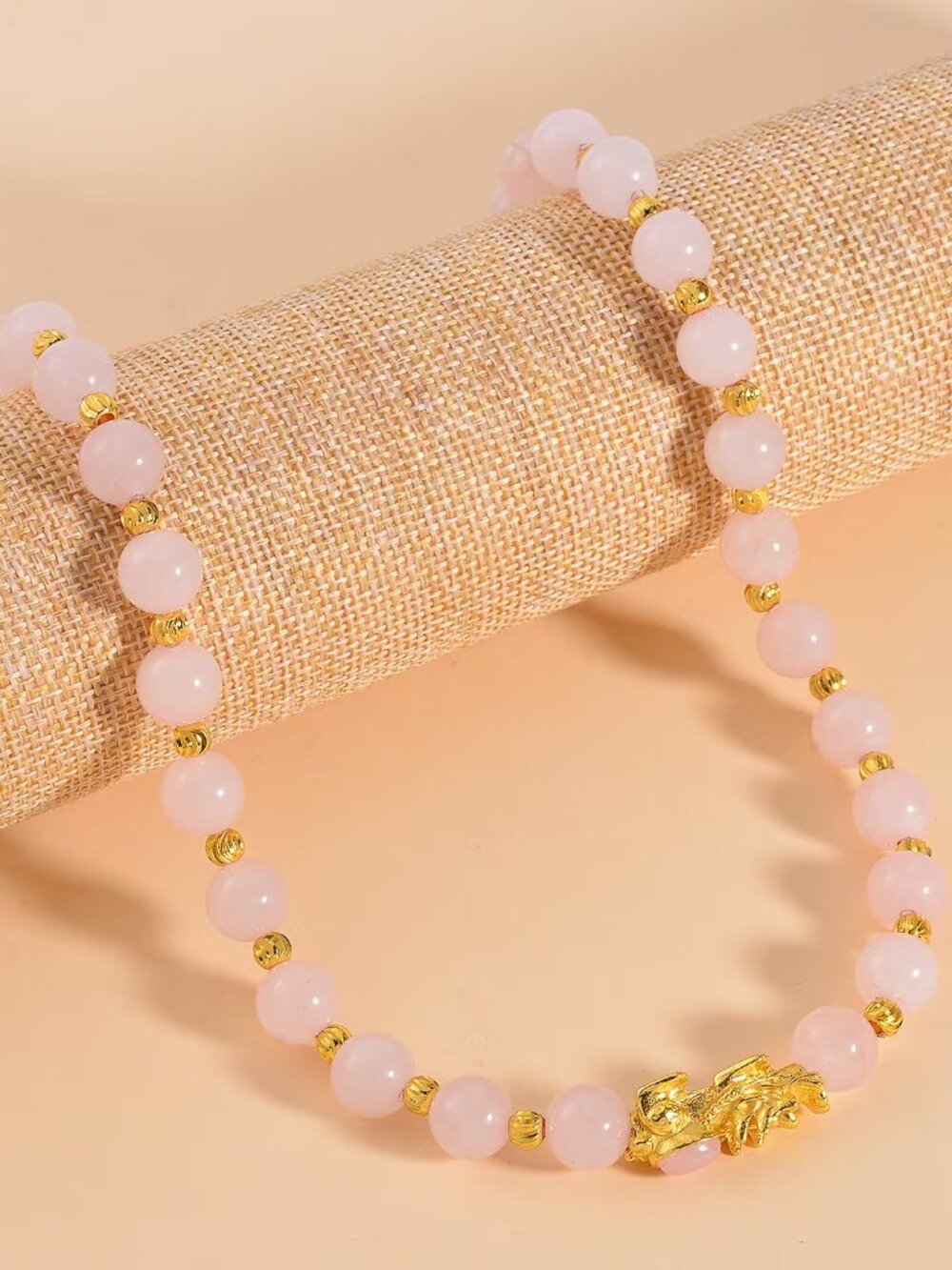Pixiu Feng Shui Galilea Rose Quartz 9-10mm Beaded Necklace in Goldtone 18-20 In